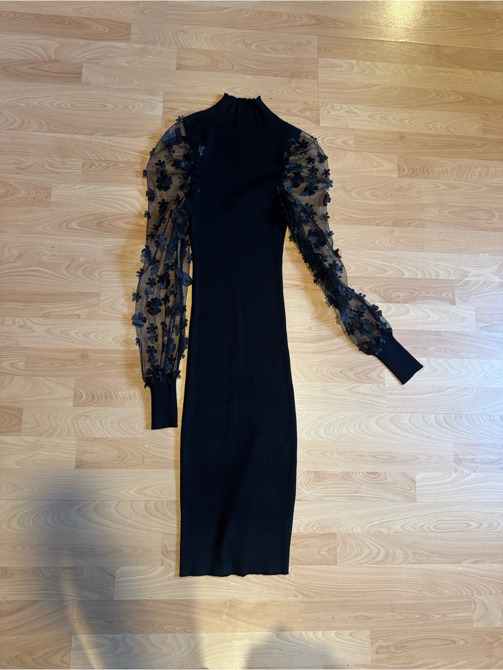 Fashion Nova Black Midi Dress with Sheer Floral Sleeves